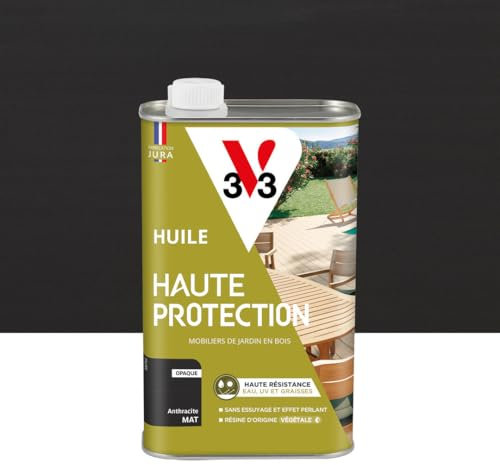 V33 Huile bois extérieur Haute Protection Anthracite mat - Pour mobilier de jardin - Haute résistance eau, UV et graisses - Sans essuyage et effet perlant - Résine d'origine végétale - 1L