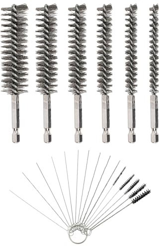 IUSOT 6PCS Bore Brush Set, Twisted Wire Brush Stainless Steel, 15PCS Cleaning Needles Nylon Brushes Tools, Wire Tube Cleaning Brush Washing Tool with 1/4 inch Hex Shank Handle for Power Drill Cleaning