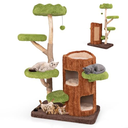 COSTWAY Cat Tree, Multi-level Cats Climbing Tower with Double Decker Cat Condo, Scratching Posts & Sisal Panel, Hanging Toy, Tree-shaped Kitten Activity Furniture for Indoor Cats