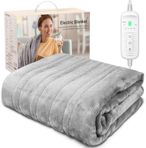 Heated Blanket Electric Blanket, Soft Flannel Electric Throw, Heating Blanket with 6 Time Settings, 9 Heat Settings & 10 hrs Timer Auto Shut Off (130x160CM, Grey)