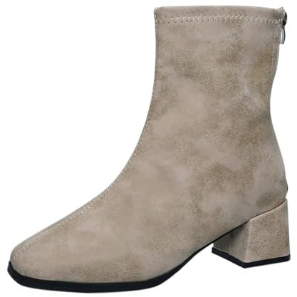 Stivali corti con tacco medio, stivali marroni da donna, comodi tacchi grossi in pelle scamosciata, con punta quadrata e cerniere laterali, chiusura per l'inverno, stivaletti casual a spillo