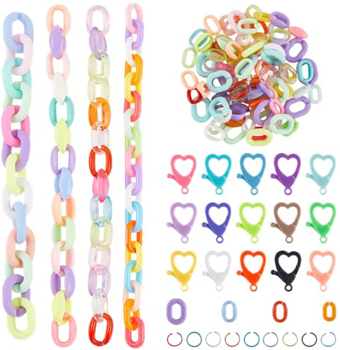 SOFPLATE 475 Stück Gliederketten Aus Acryl Verbindungsringe Für Schmuck Mit Karabinerverschlüssen Oval Verschiedene Bunte Transparente Offene Schnellverbindungs Verbindungssets Für Die Schmuckherstell