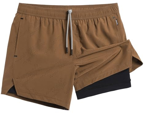 MaaMgic 2 in 1 Laufhose Herren Kurz mit Handytasche Schnelltrocknend 5 Innenlänge Sporthose Kurz mit Innenhose Sporthose für Running Fitness Workout Athletic,Braun Schwarz,L