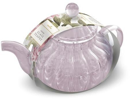 Charbrew 1000ml Borosilicate Glass Teapot with Infuser - Ribbed Pale Pink Design - for Loose Leaf Tea, Teabags & Blooming Tea - Serves 5 Cups