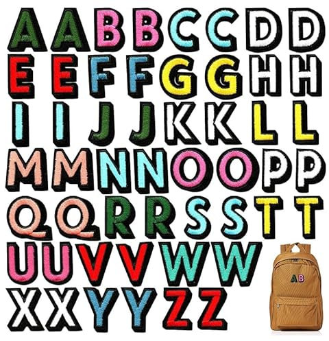 Rnigra 52PCS Iron on Letters, Iron on Letters for Clothes, Colorful Letter Patches Alphabet Embroidered Patch A-Z 2 Sets, Sew on Letters for Clothes, Dress, Jeans, Hat, Shirts, Socks, DIY Accessories