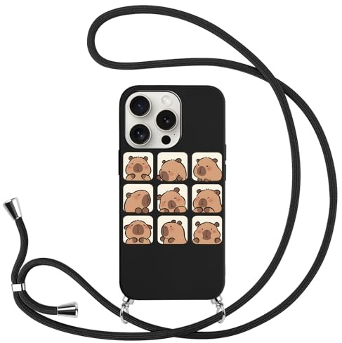 Yimctoie Anime für Huawei P30 Pro Hülle 6.47'', Cute Cartoon Capybara Hülle Karikatur mit Band, HandyHülle Necklace Kordel zum Umhängen SchutzHülle Karikatur TPU Phone Case, Schwarz