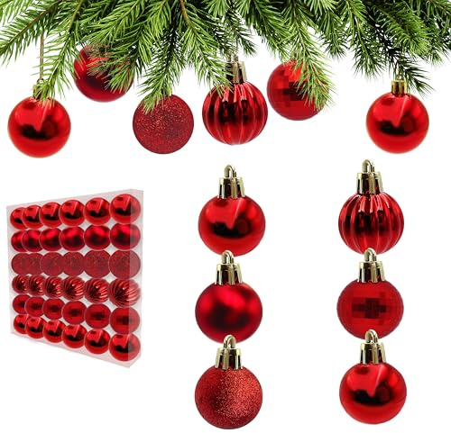 AiTodos 36 Stück Rote Weihnachtskugeln - 6 Designs-3cm Mini Unzerbrechliche Weihnachtsbaumschmuck, Glänzende & Mattierte Rote Kugeln für Weihnachtsbaum, Heimsfeier, Krone, Girlanden Deko
