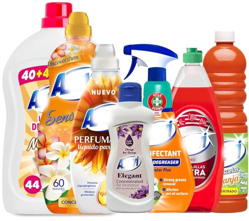 7 Piece Orange Bundle Spanish Cleaning Products Giftset Kit, Degreaser, Scent Booster, Floor Cleaner, Liquid Air Freshener Drops, Sensations Fabric Softener, Laundry Detergent, Washing up Liquid