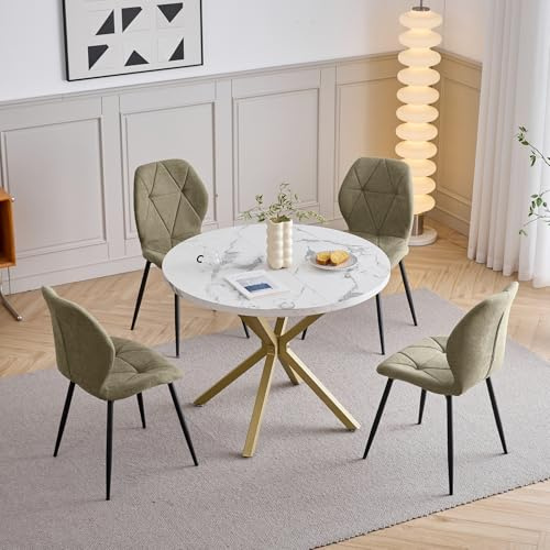 GrandCA HOME Esstisch und Stuhlset, 100 cm Runder Esstisch und 4 Moderne Leinenstühle, für Esszimmer, Küche, Wohnzimmer (Marmor + Grün)