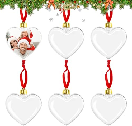 Weihnachtsdeko Transparente Herz Anhänger, 6 Stück Durchsichtige Kunststoff Herz Ornamentkugeln, Befüllbare Foto Schmuck Bilderrahmen Anhänger, für Weihnachtsornamente Party Familie Andenken Geschenk