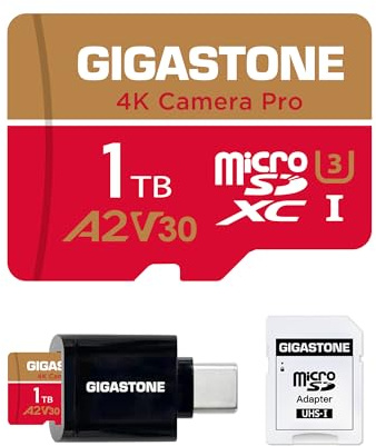 【5-Years Data Recovery】GIGASTONE 1TB Micro SD Card, 4K Camera Pro, R/W up to 150/130MB/s, for GoPro, DJI, Drone, 4K UHD Video Recording, MicroSDXC UHS-I U3 A2 V30, with Adapter & USB-C Card Reader