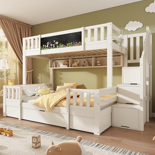 NuvlaGu Letto a castello per 3 bambini, 90 x 200 e 140 x 200 cm, in legno massello con lavagnetta, scala di archiviazione, 2 cassetti e armadio scaletta, letto a soppalco/letto a castello per ragazzi