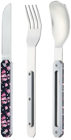 Akinod - Gerades Besteck, magnetisch, 12:34 – Gabel + Messer + Löffel – Magnetische Montage – Besteck aus Edelstahl, kompakt, langlebig und elegant – Kirschblüten