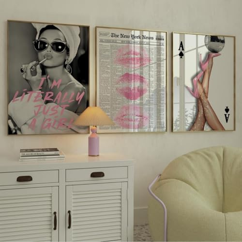 JORCEDI 3er Poster Set, Y2K-Retro-Ästhetik-Poster, Modische rosa Lippen High Heels Dekorative Wandbilder, Mädchen-Schlafzimmer Wohnzimmer Kunstdrucke, ohne Rahmen (50 x 70 cm)