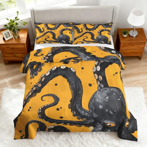 Generisch Octopus Bettdecke 200x220 4 Jahreszeiten, Ohne Bezug, 2 Kissenbezüge 80x80, Kraken Oktopus Tentakel Motiv Wende Steppdecke, Schlafzimmer Deko, Geschenke, Superweich - SE2855