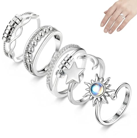 Zyrtkeriom Set Mit 5 Ringen Für Frauen, Verstellbare Offene Spinner-Ringe, Stapelbar Mit Stern-Zirkonia-Perlen, Schmuckgeschenk Zum Valentinstag Für Männer, Mädchen Und Kinder