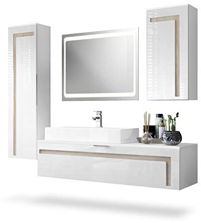 Vladon Badmöbel Komplettset Aloha, Made in Germany, Korpus in Weiß matt/Fronten in Weiß Hochglanz mit Absetzungen in Eiche sägerau, mit Aufsatzwaschbecken, Armatur (M1) und LED Spiegel