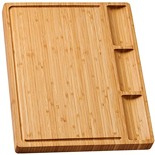 Großes Bambus-Holz-Schneidebrett für Küche, Käsecharcuter-Brett Set mit 3 integrierten Fächern und Saftrillen, Metzgerblock (17x12,6)