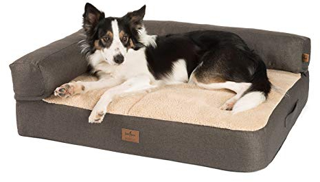 JAMAXX Premium 2-in-1 Hunde-Sofa - Orthopädisch Memory Visco, Abnehmbare Polster, Abnehmbarer Bezug Waschbar, Weiches Fleece oder Lammfell/Sherpa, PDB3014 (M) 90x70 braun+Sand Fleece