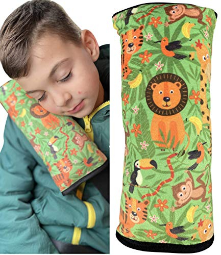 HECKBO Auto Schlafkissen für Kinder Mädchen Jungen - Dschungel Jungle - maschinenwaschbar – kuschelweich - Auto Gurtkissen, Gurtschoner, Gurtschutz Sitzerhöhung, Auto Kissen, Reisekissen, Urlaub