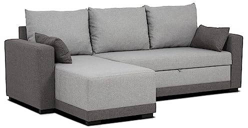BUDWING Leah, Ecksofa mit Schlaffunktion Zweifarbig Grau – 4-Sitzer – Reversible Chaiselongue, 2 Dekokissen – Polyesterstoff – Modernes Design – 233 cm (Breite) x 124 cm (Tiefe) x 69 cm (Höhe)