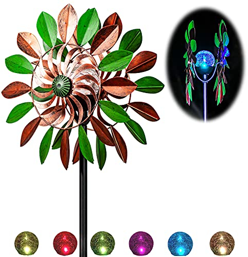 SteadyDoggie Solar Wind Spinner Orchid Multi-Color Seasonal LED Lighting, Solar Powered Glass Ball with Kinetic Wind Spinner Dual Direction for Patio Lawn & Garden,Green,75 Inches