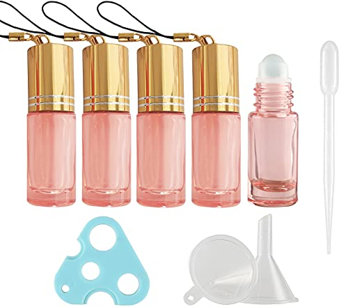 TIANZD Essential Oil Roller Bottles: 5pcs of 5ml Empty Pink Glass Bottles with Gold Cap Keychain, Funnel, Opener, Pipette