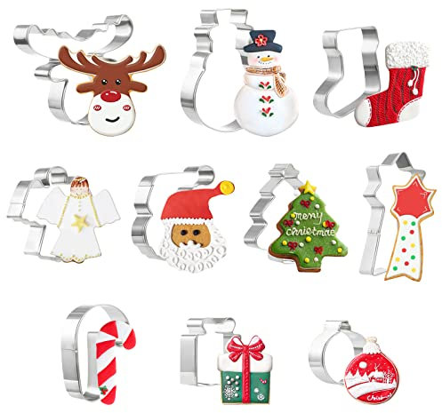 GWHOLE 10 Pcs Emporte Pièces Noël en Acier Inoxydable Moule à Biscuits Cookies Sablés Patisserie Decoupoir en Forme Père Noël, Flocon de Neige, Arbre de Noël, Canne, Ange, Bas de Noël, Renne