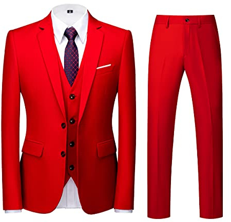 Men Suits 3 Piece Slim Fit Single Breasted Two Button Red Wedding Tuxedo Suit Blazer Waistcoat Trousers(Red,XX-Larger)