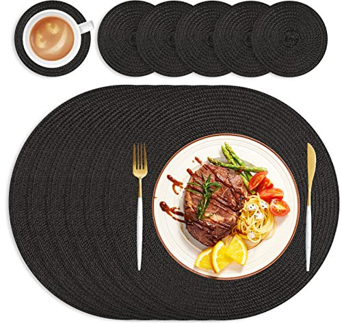 wiipara Round Woven Placemats Set of 6 Heat Resistant Round Braided Table Mats, 34 cm Washable Placemats and Coaster Sets for Dining/Kitchen Table, Party, Wedding, Black