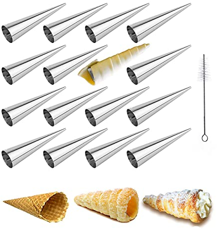 Joyeee 16 Sahnehorn-Formen mit Reinigungsbürste, Edelstahl-Kegelrollen, Cannoli-Formen zum Backen von Cannoli-Muscheln, knusprigem Gebäck für Weihnachten, Geburtstag Party Geschenke, 12,7 cm