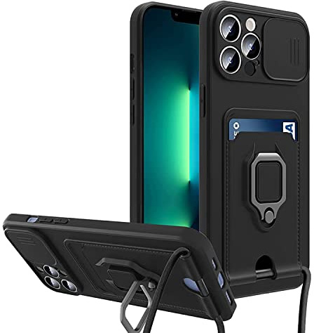 Rokmym Coque pour iPhone 12 avec Cordon de Collier,Coque Protection Caméra Slide Case [avec Anneau Rotatif à 360 degrés ] Silicone Coque avec Slot Card Holder Housse pour iPhone 12