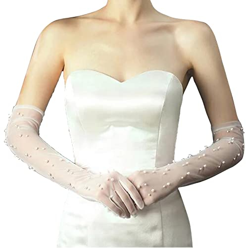 Acenail Pearl Damen Hochzeit Handschuhe Lange Tüll Braut Handschuhe Weiß Finger 20er Jahre Oper Abend Party Sheer Handschuhe für Bräute, Weiss/opulenter Garten, Einheitsgröße