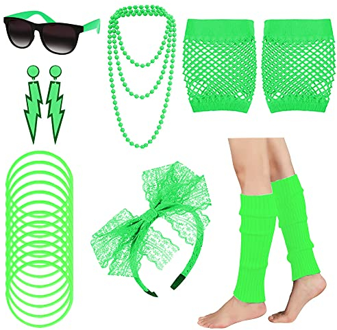 80er Jahre Outfit Damen 80er Jahre Accessoires, 80er 90er Jahre KostüM Damen Kinder Party Neon Accessoires Spitzenstoff Stirnband Ohrringe Brille 80er Netzhandschuhe ArmbäNder Halsketten Beinlinge