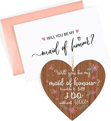 Nezyo Will You Be My Bridesmaid Gifts Bridesmaid Proposal Cards with Envelopes Wooden Hanging Heart Plaque Gift Wedding Friendship Present Sign for Sister Friends Family(Maid Of Honour)