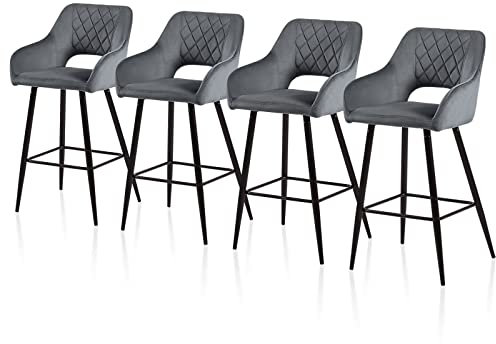 TUKAILAI Barhocker 4er Set aus Samt 75cm, Barstühle Küchenhocker Tresenhocker Bistrohocker mit Armlehnen, Offener Rückenlehne, Fußstütze, Polsterhocker für Bar Küchen Restaurant, Grau