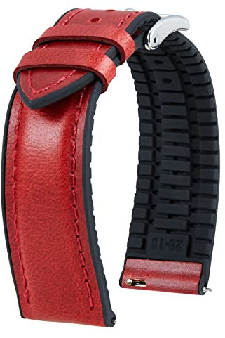 BINLUN Bracelet Montre en Cuir 22mm 21mm 20mm 19mm 18mm 16mm 14mm Cuir Ciré à l'huile et Silicone Hybrid Bracelets de Montre à Dégagement Rapide pour Homme Femme(18mm,Rouge Boucle Argent)