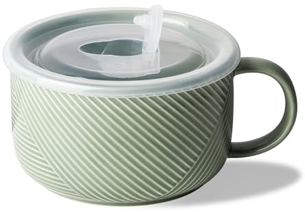 Adewnest Oversized Soup Bowl with Handle: 38 oz Ceramic Soup Mug with Lid - Microwave Safe Jumbo Food Storage Container for Ramen Cereal Breakfast Meal Prep Office Lunch Dorm Living - Pea Green 6 In