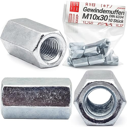 Lun Fix Manicotto filettato M10 x 30, 10 pezzi, dado esagonale DIN 6334, dado distanziatore in acciaio zincato, manicotto distanziatore per barre filettate, dado di collegamento lungo, filettatura