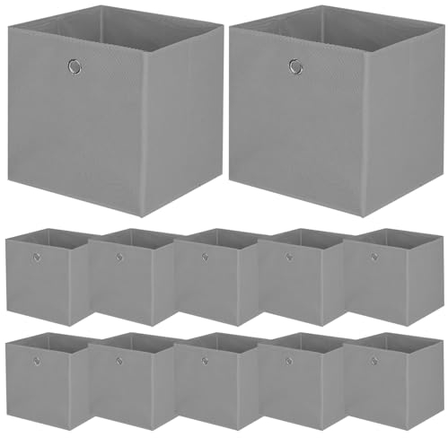 BALLSHOP 12 Stück Aufbewahrungsbox Faltbox 32 x 32 x 32 cm Faltbare Spielzeug Organizer Stoffboxen Würfel Stoff Faltkiste mit Fingerloch für Regale oder Raumteiler Grau
