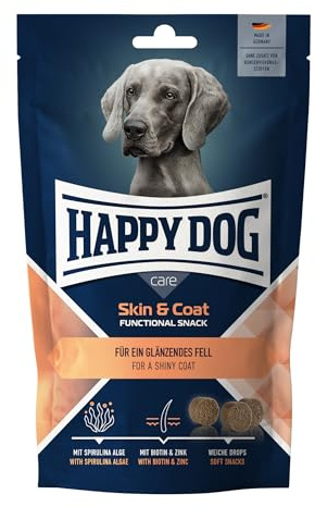 Happy Dog Care Snack Skin & Coat mit Spirulina, 100 g Hundesnack | Funktioneller Snack mit Biotin, Zink, Spirulina & Algenöl, getreidefrei, weiche Drops