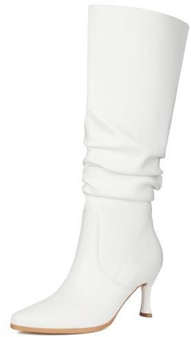 Latasa Damen Kniehohe Stiefel Wildleder Mandelzehe Kitten Heel Slouchy Tall Boots, Weiß-Pu, 42 EU