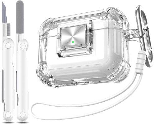 RFUNGUANGO per custodia AirPods Pro 2/1 generazione (2023/2022/2019) con serratura e custodia antiurto di grado militare trasparente morbida e trasparente con kit di pulizia,Bianco trasparente