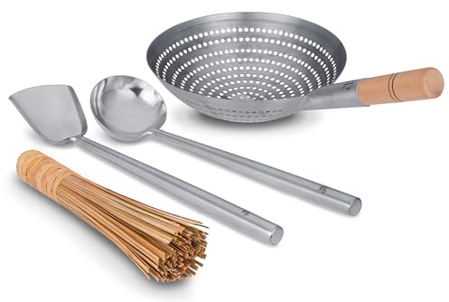Craft Wok s/s Tools 732W324 Lot de 4 ustensiles de cuisine traditionnels asiatiques : louche, spatule, passoire, brosse en bambou