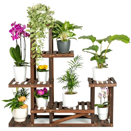 TTL HOME SKYLINE - Estantería para plantas, 96 x 97 x 25 cm, madera natural, marrón, 96 cm de alto, 7 plataformas en 5 niveles, estantería para plantas, escaleras para flores, interior y exterior,