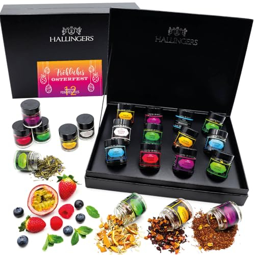 Hallingers Fröhliches Osterfest - Ostergeschenke für Osterkörbchen zu Ostern, 12 Tee Geschenkset vegan & glutenfrei in Gläsern (Set) - Geschenk im Sommer & als perfektes Grillgeschenk | Glückwunsch Fr