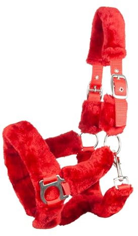 Brama West Halfter Pferd Arktis mit weichem Teddy-Kunstfell - Plüschhalfter (Rot, Mini Shetty)
