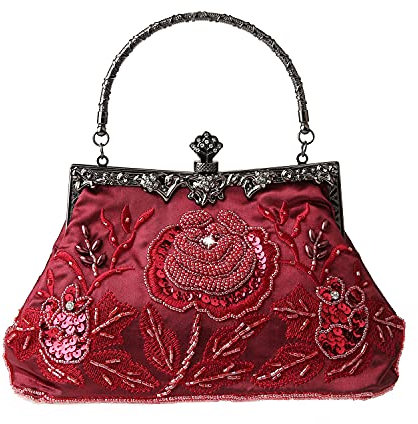 Damen-Clutch, Vintage-Stil, Blumenmuster, Strasssteine, Stickerei, Pailletten, Umhängetasche, Abend-Handtasche für Braut, Hochzeit, Party, Abschlussball, Dunkelrot, Clutch