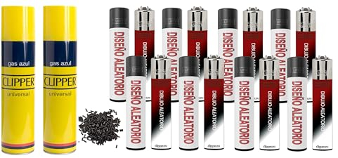 Clipper 16 Mecheros + 2 Botella Gas Azul 300 ml Gas Sirve para Recargar Soplete de Cocina + 9 Piedras de Mechero de Regalo Kit DISPAU Esencial