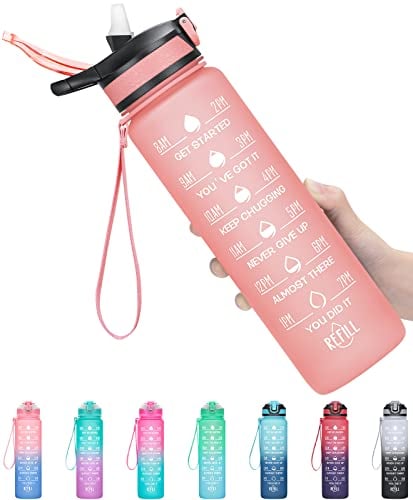 MEITAGIE Water Bottle with Straw - Large 1 Litre BPA Free Sport Water Bottle with Time Markings -Leak Proof Gym Bottle with Filter- Ideal for Gym, Sports & Outdoors